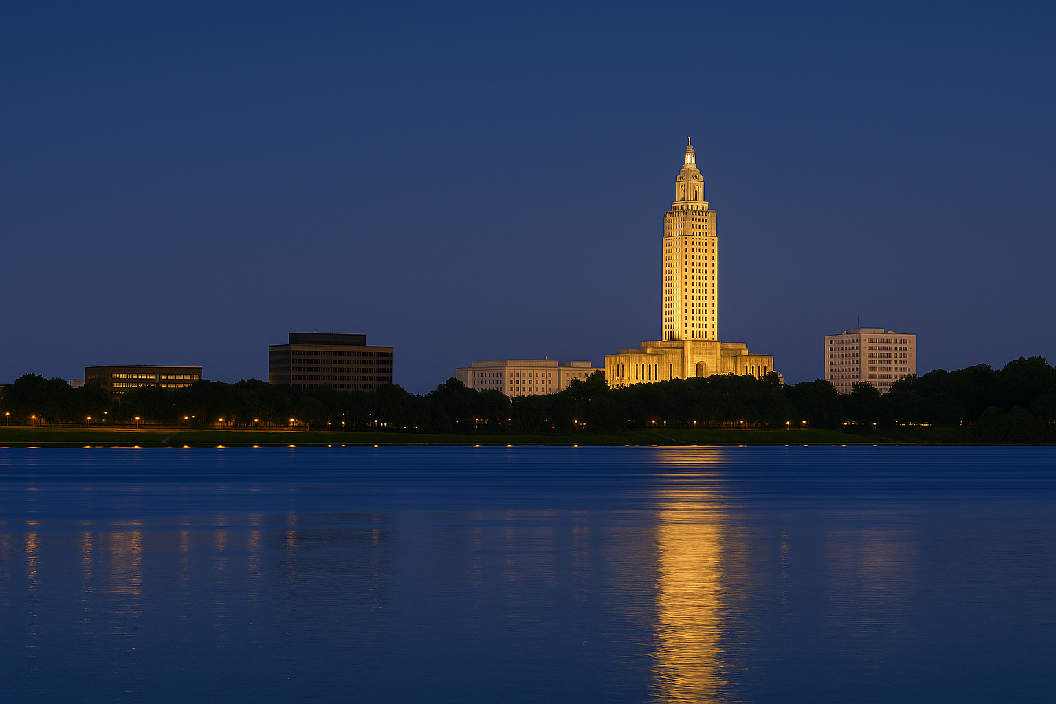Louisiana State Capitol at dusk reflected on the Mississippi River